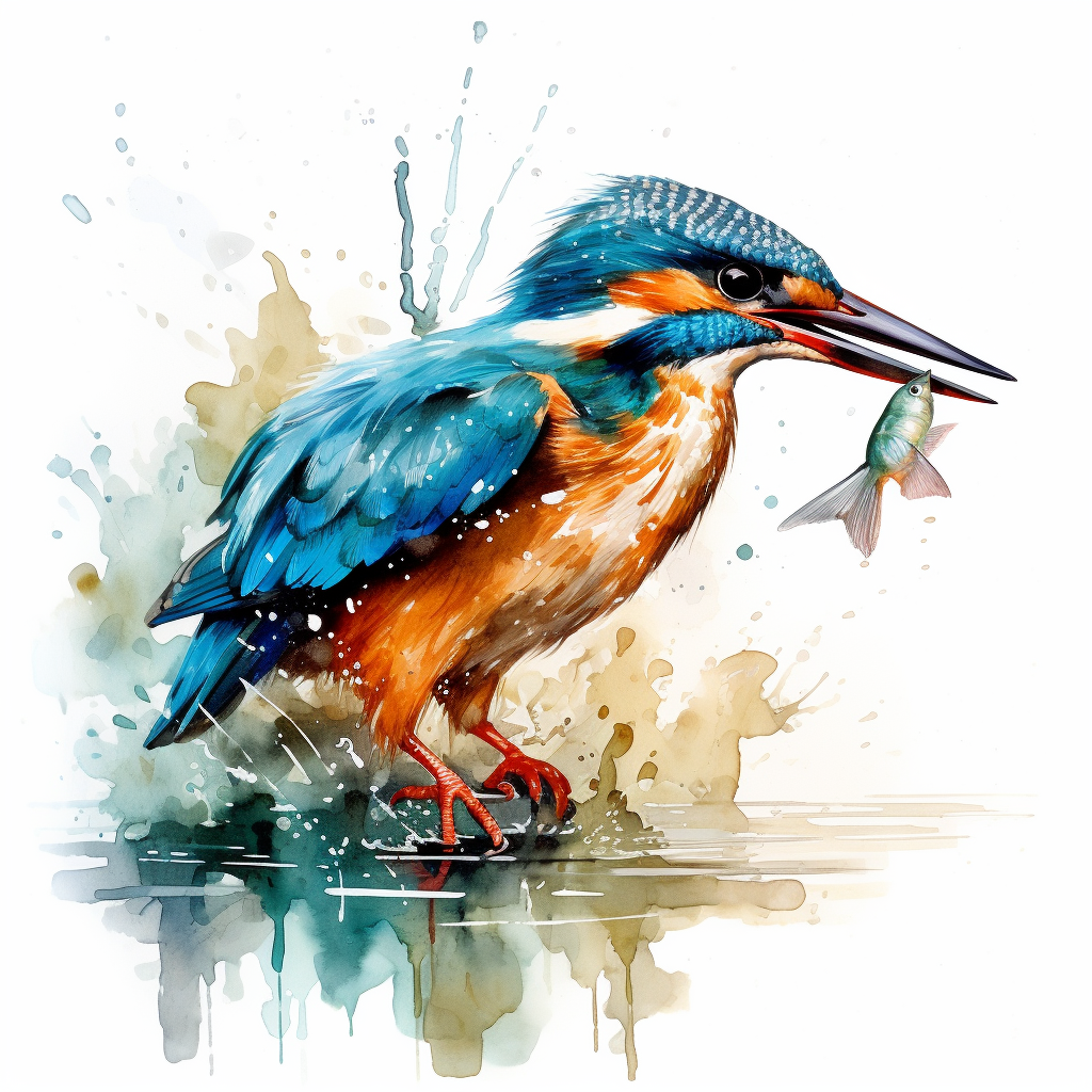 Cute kingfisher holding fish on white background