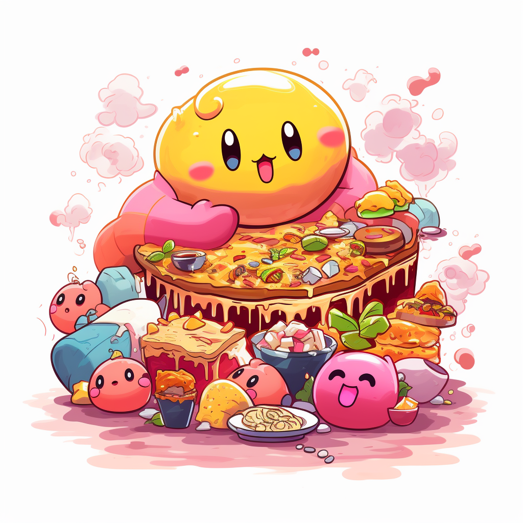 Cartoon Kirby eating lots of food