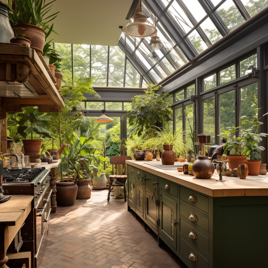 Industrial Kitchen Island in Conservatory