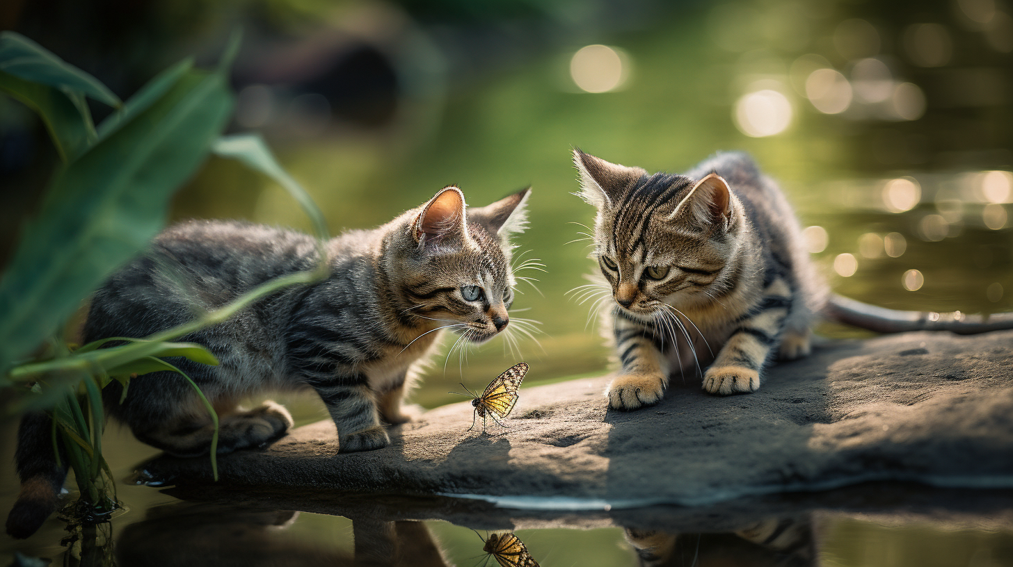 Kittens fishing by tranquil riverbank with dragonfly