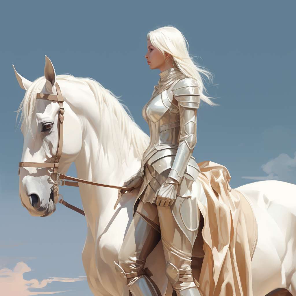 Knight girl in armor on white horse