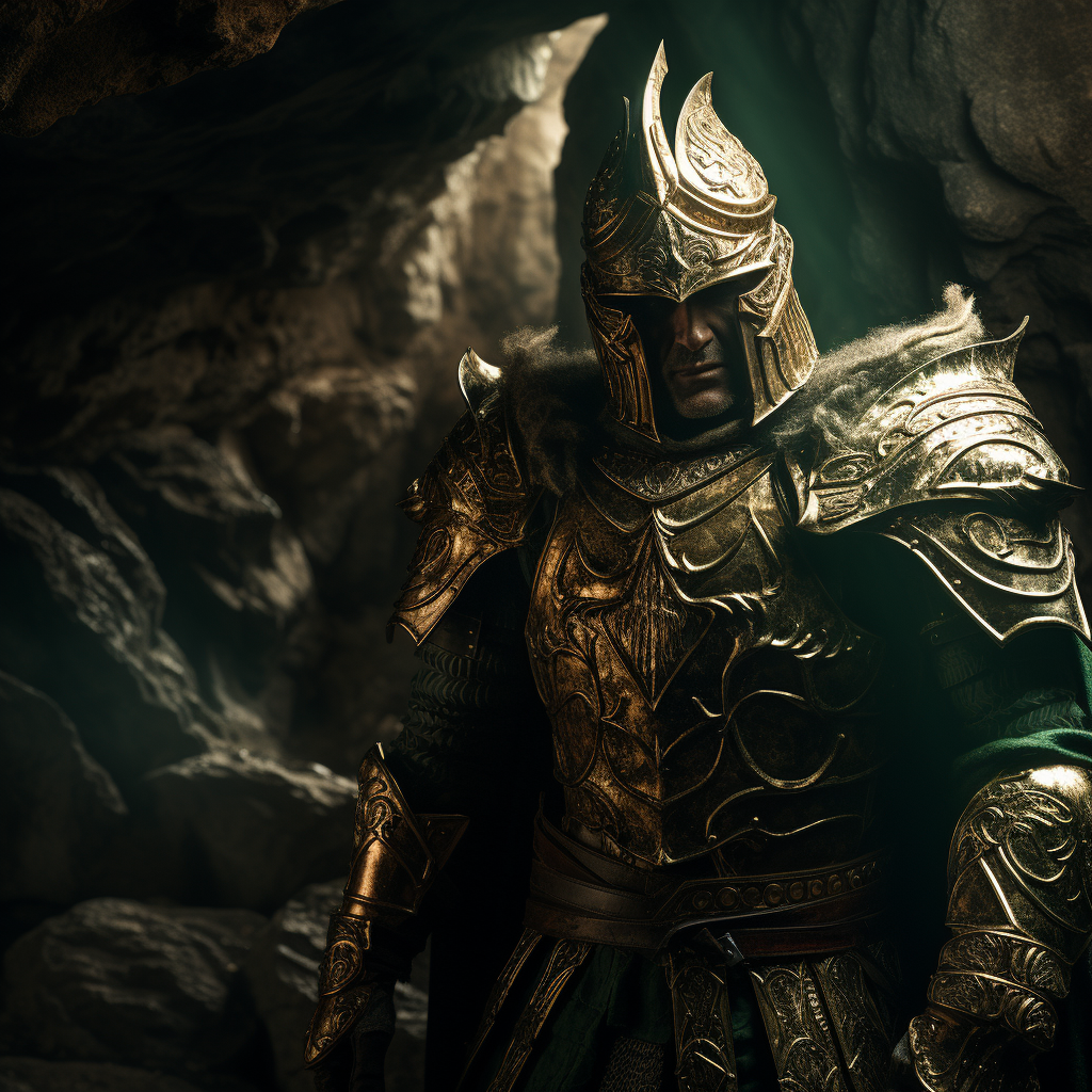 Knight in Green-and-Gold Platemail in Dark Cave