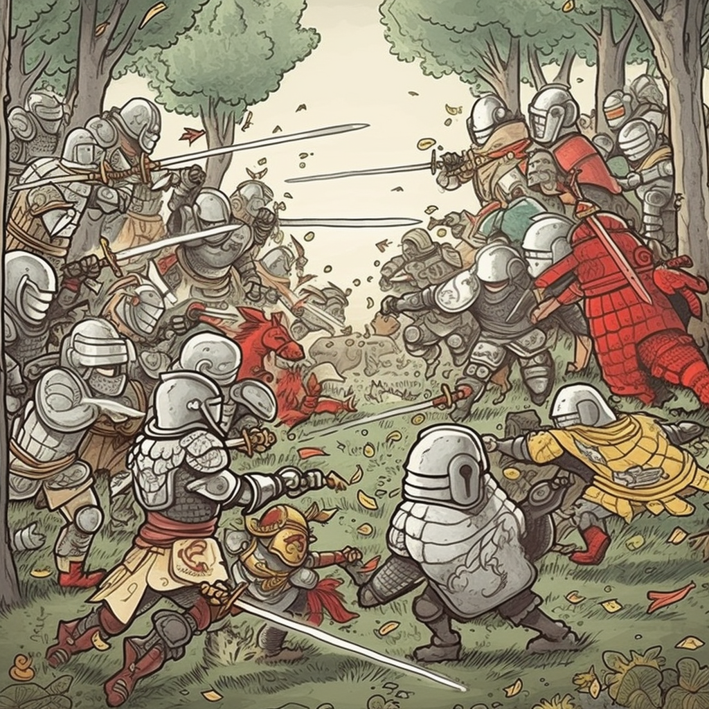 Knights in Ghibli-style fighting scene