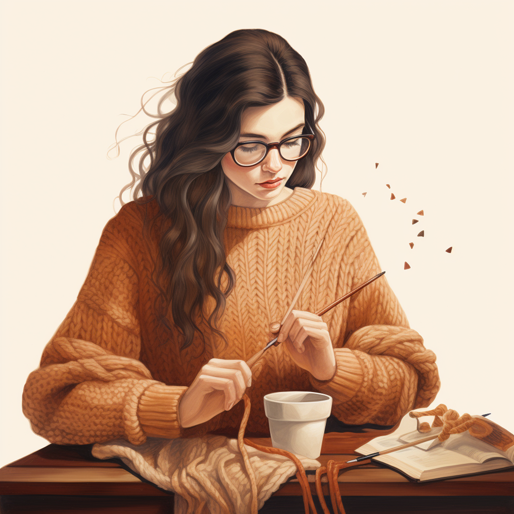 Woman knitting with wooden needles and sweater