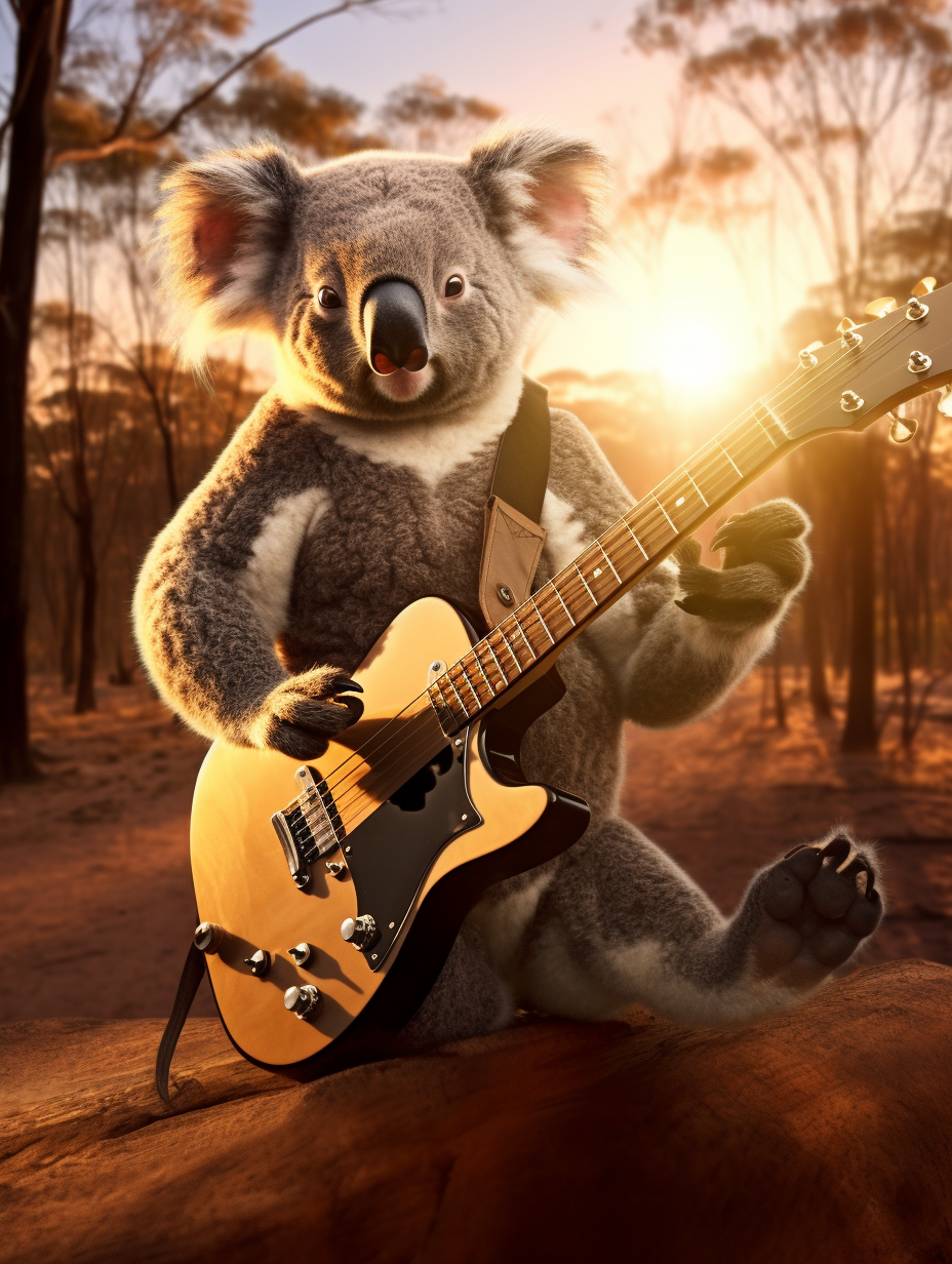 Koala bear playing an electric guitar