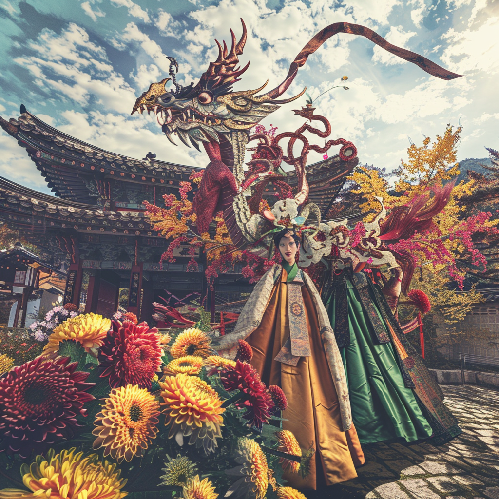 Korean Devil Traditional Chrysanthemums Flags