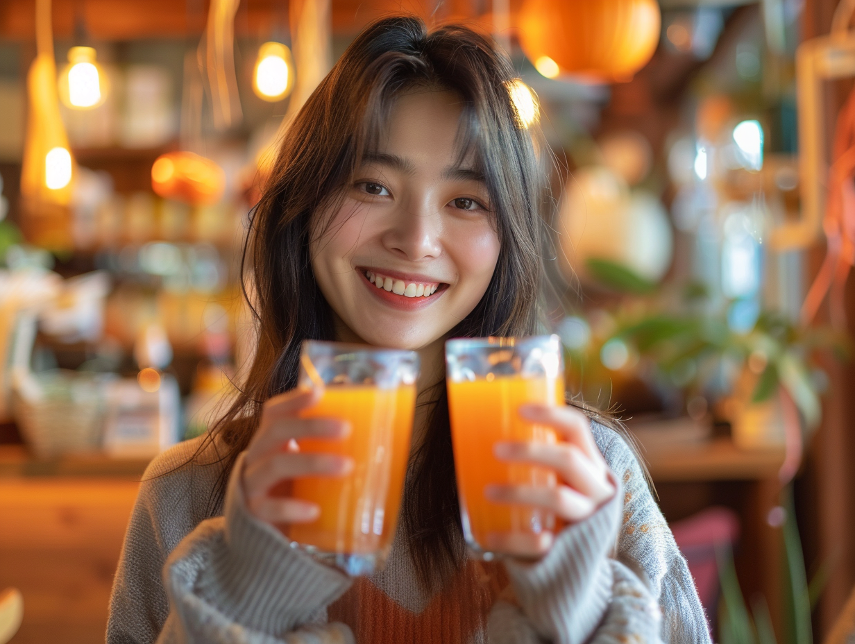 Korean woman with pumpkin juice glasses