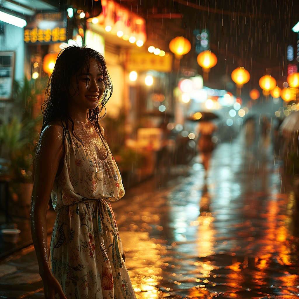 Smiling Korean woman walking in the rain