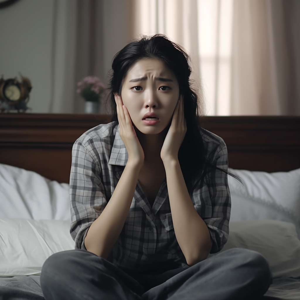 Sad Korean student woman crying on bed