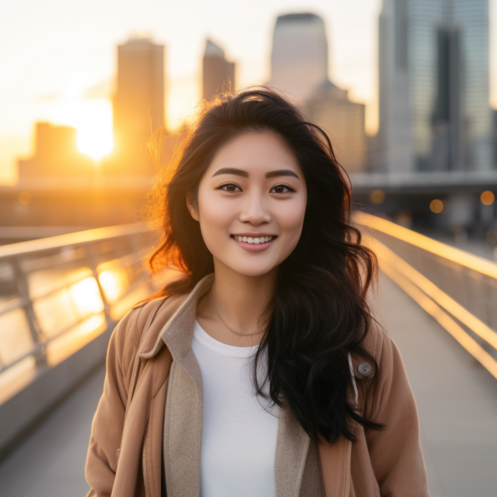 Smiling Korean woman on pedestrian bridge at sunset