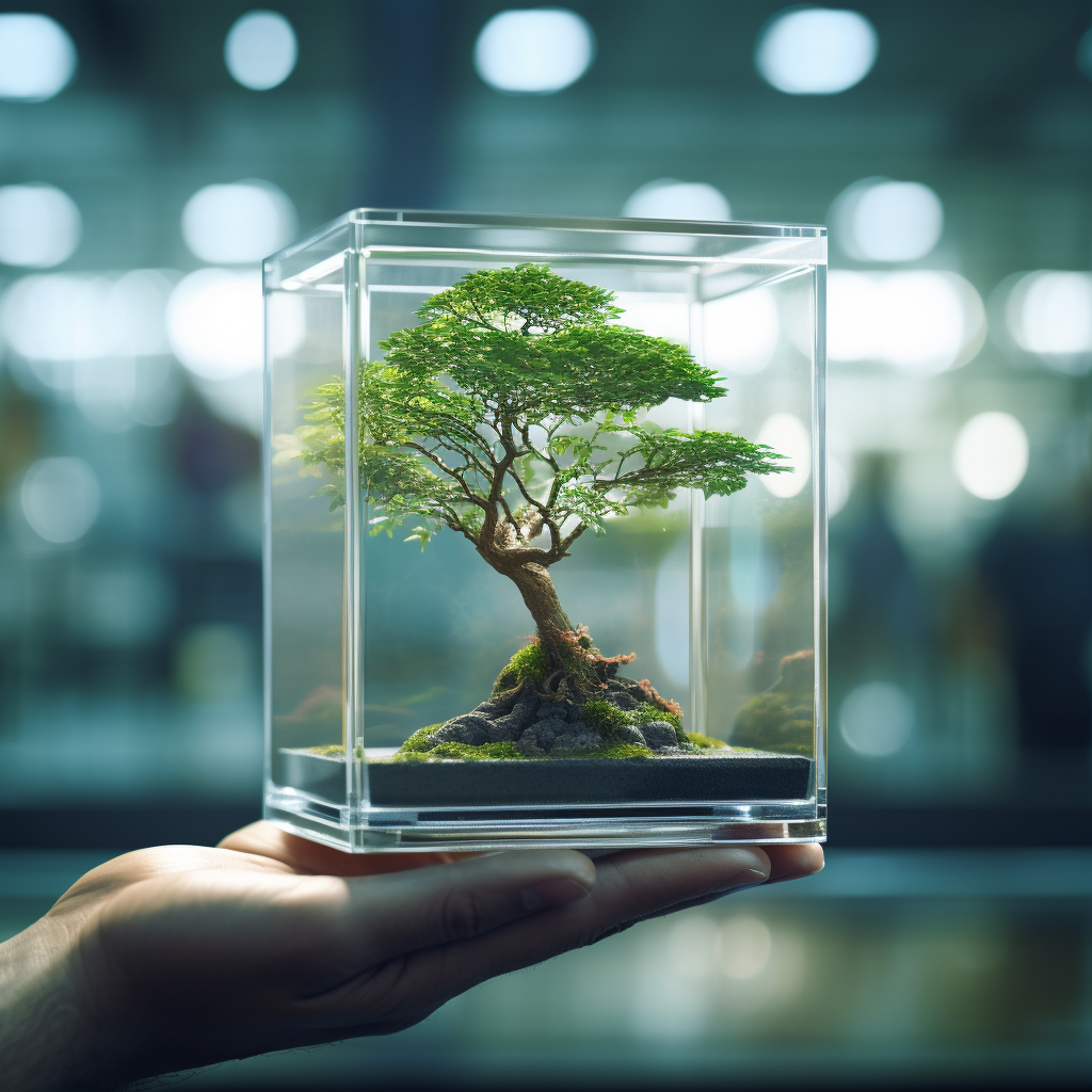 Glass cube with small tree in lab