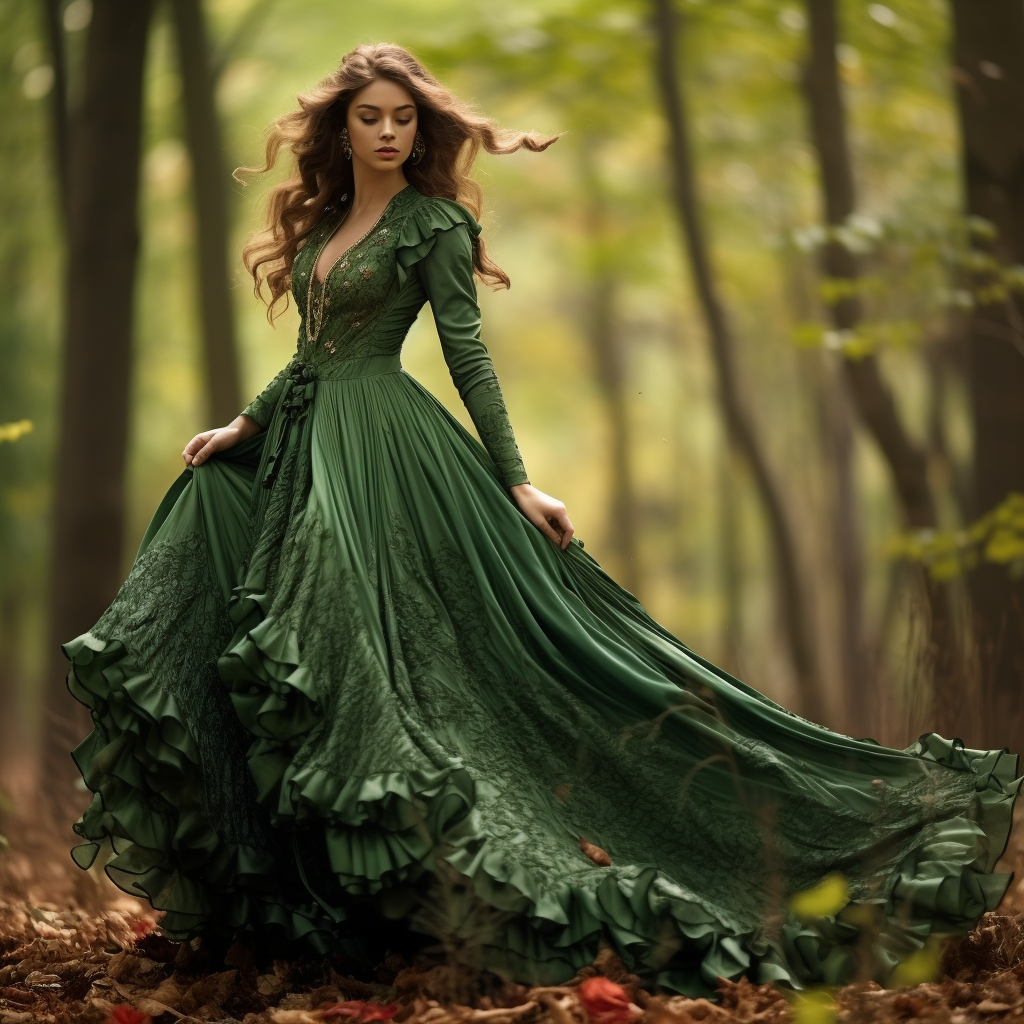 Elegant lady in green dress standing in forest