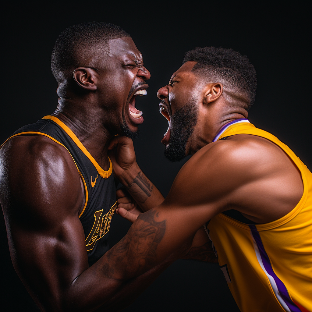 Muscular black men in Lakers jerseys fighting