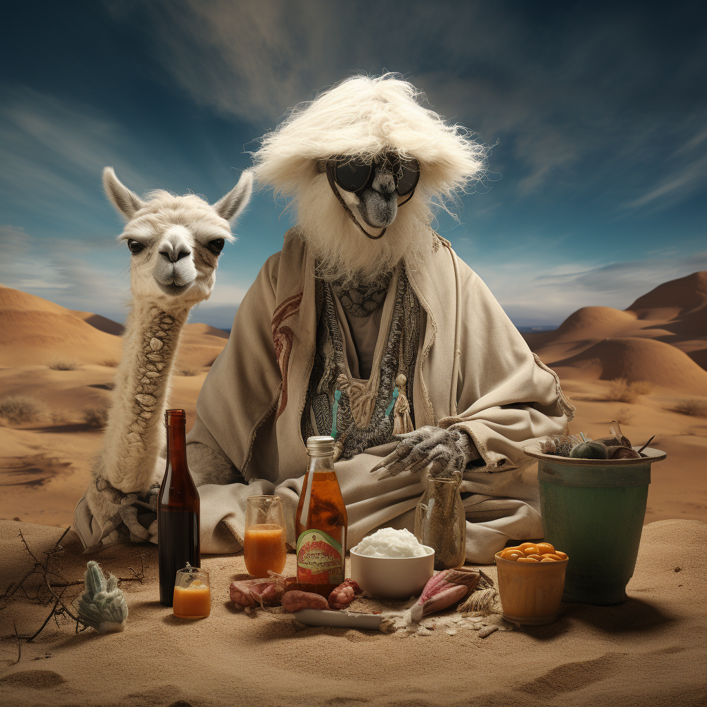 Lama enjoying whiskey in sand desert with hat