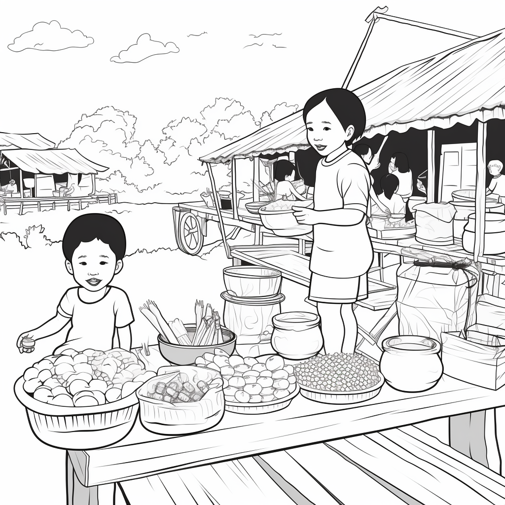 Coloring page of a Laotian street food market