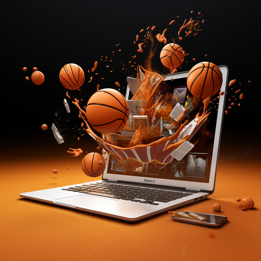 Cartoonish laptop with coffee, basketball, and iPhone