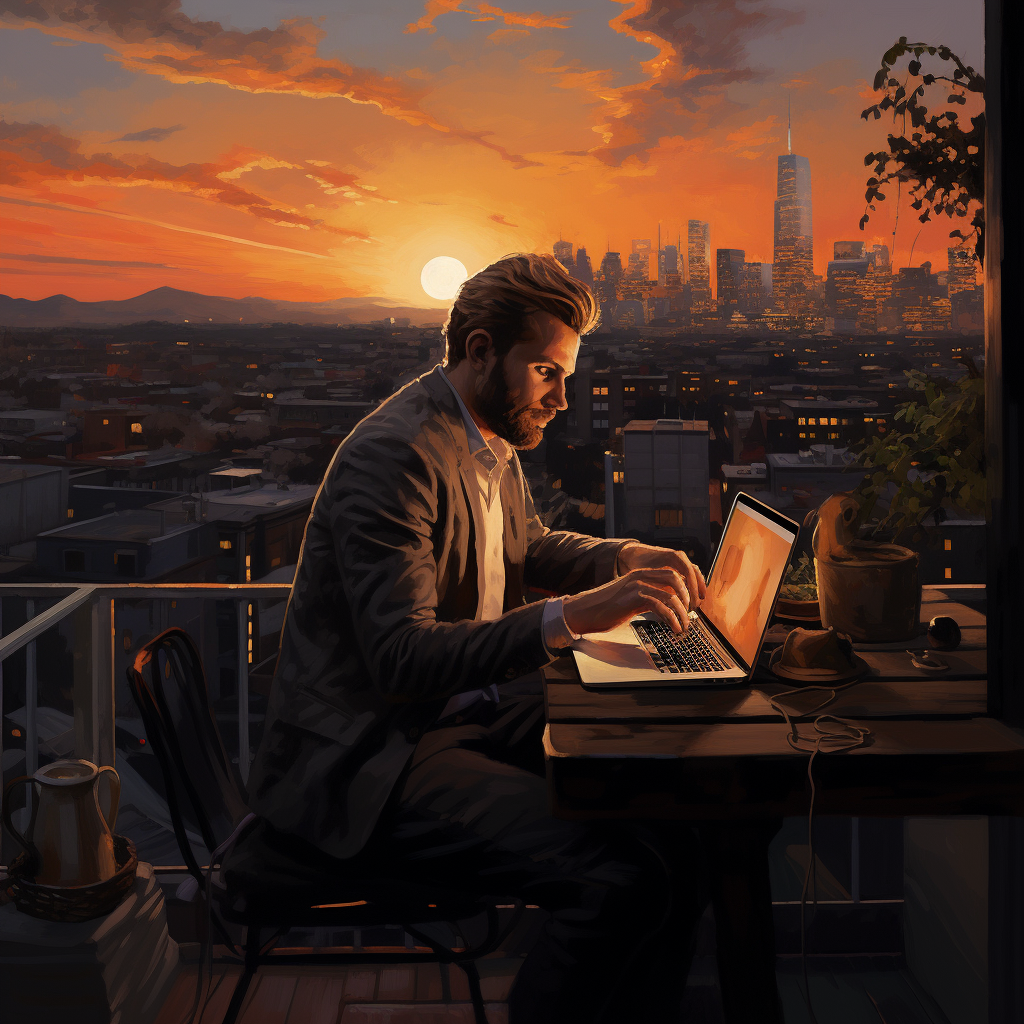 Laptop trader enjoying a beautiful sunset view