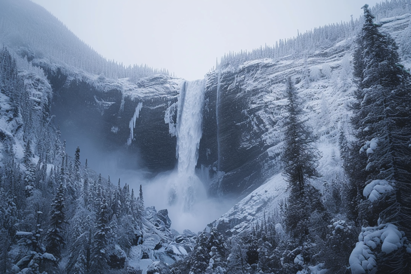 Large waterfall on snowy mountain