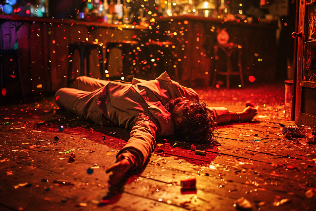 Man asleep on bar floor with confetti and streamers