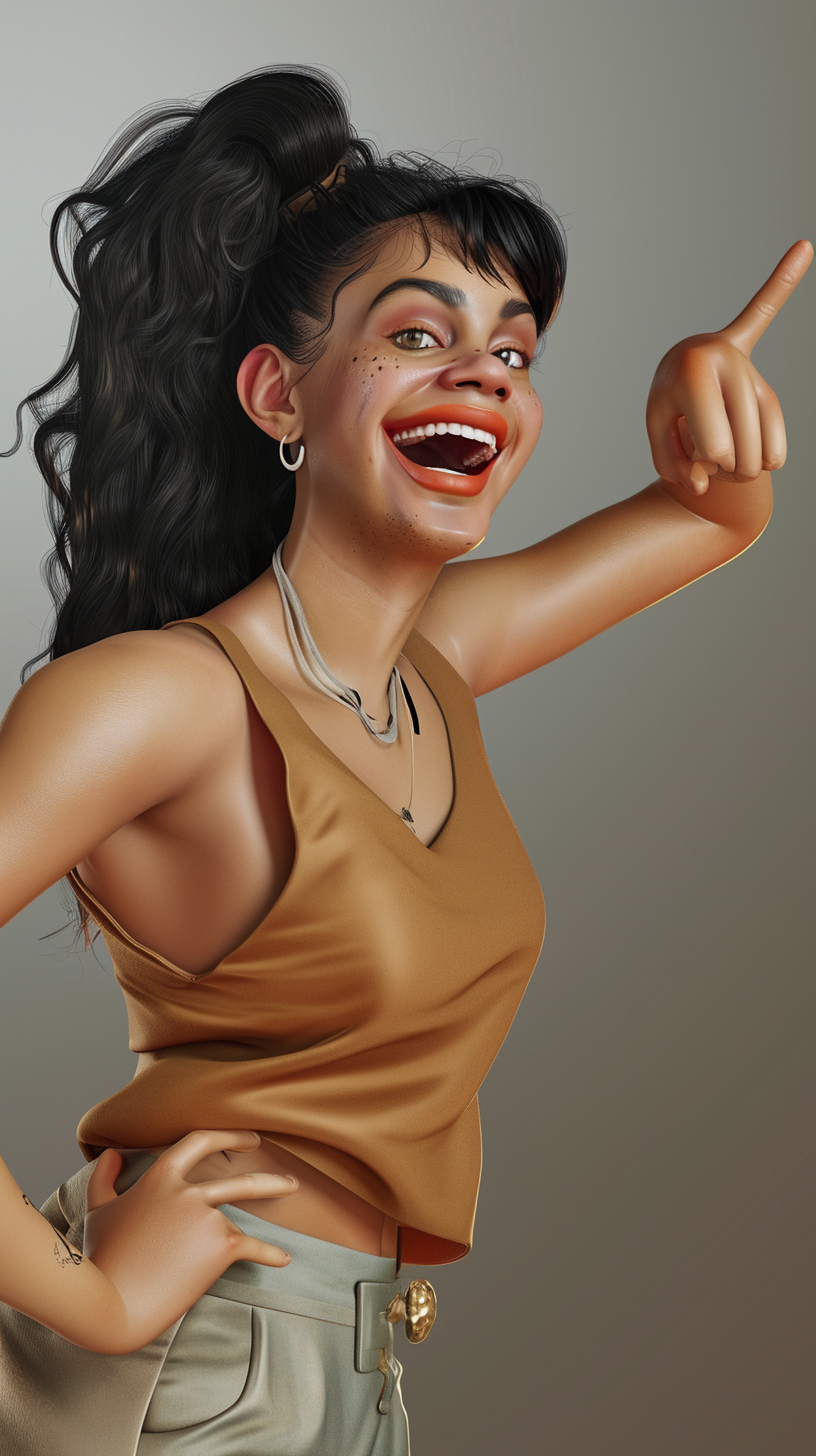 latina woman pointing right smiling