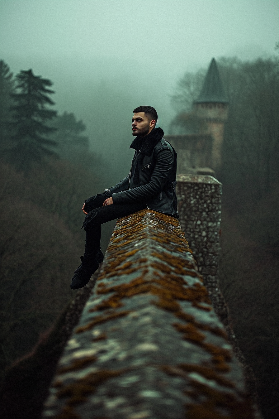 Latino man on narrow stone bridge