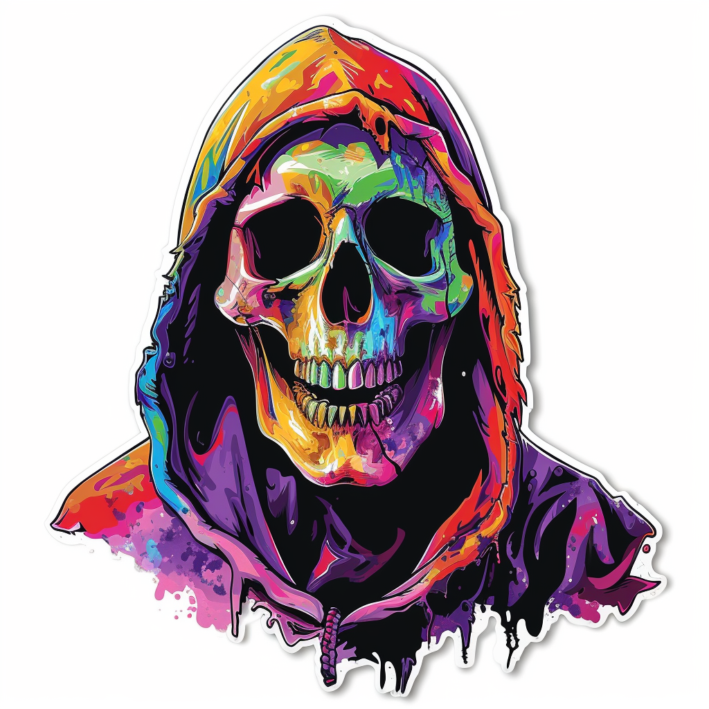 laughing grim reaper psychedelic colors sticker white background