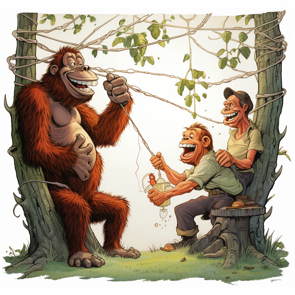 Cartoon orangutan laughing at trapped men in a net