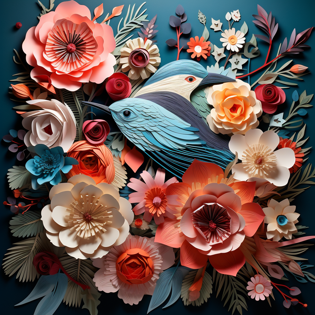 Three-dimensional layered flowers with a bird in the middle