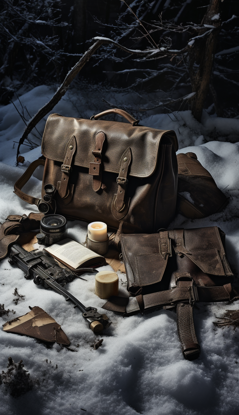 Leather satchel with tools in snow