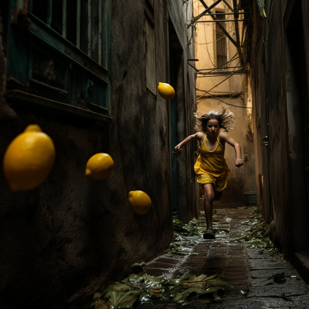 Lemon running through scary alley