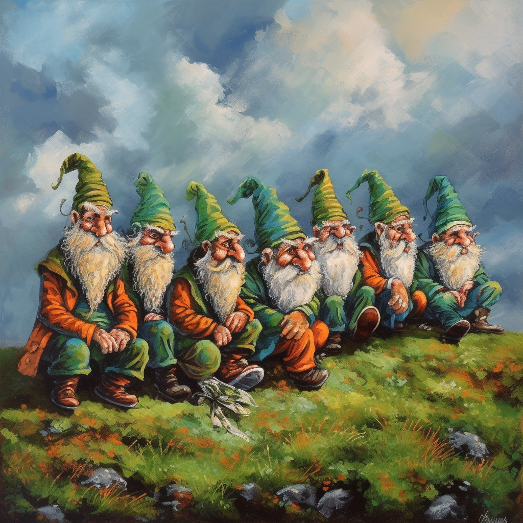 Leprechauns on bright sky grassy knoll in Ireland