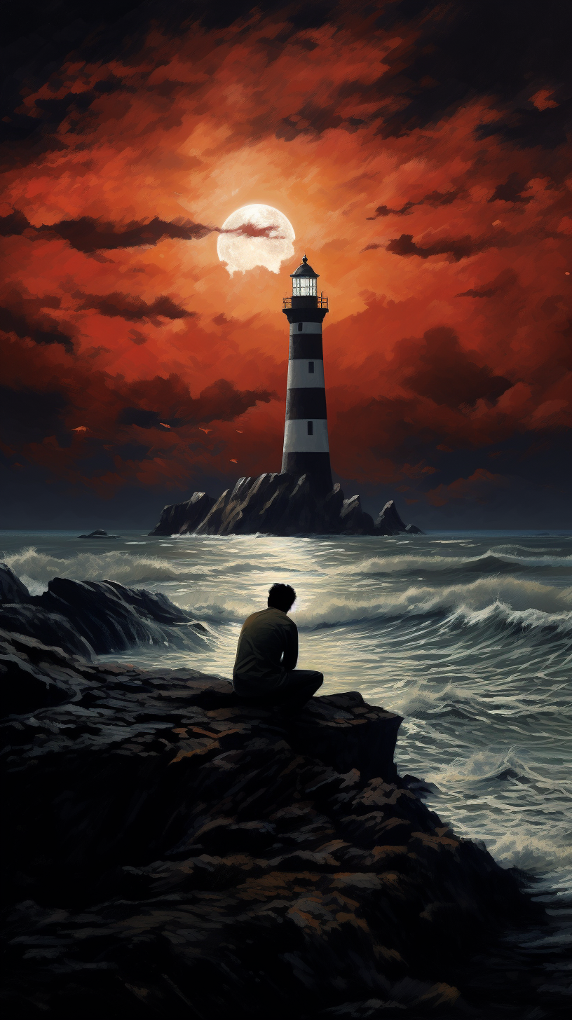 Enchanting lighthouse gazing into dark moonlit horizon