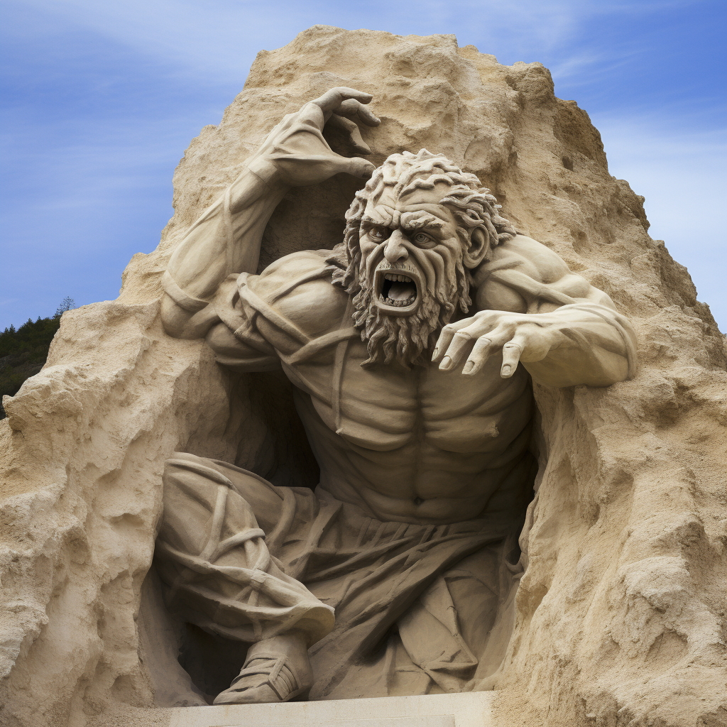 Man Pulling Out from Limestone Cliffside Carving