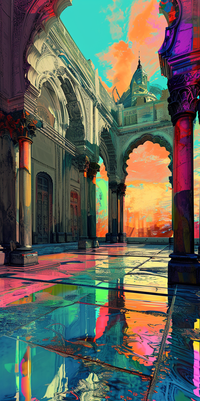 Vibrant and Surreal Gothic Revival Rainbow Poolcore Image