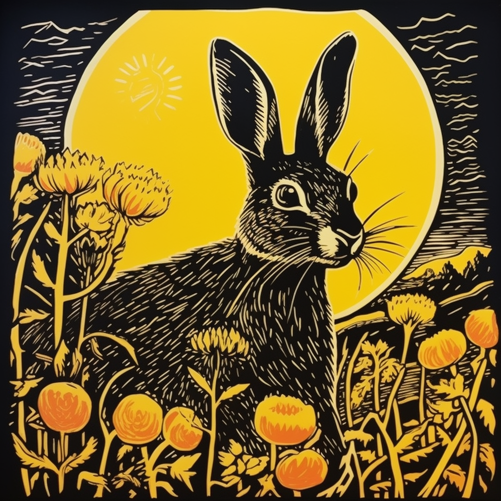 Beautiful linocut print of a jackrabbit