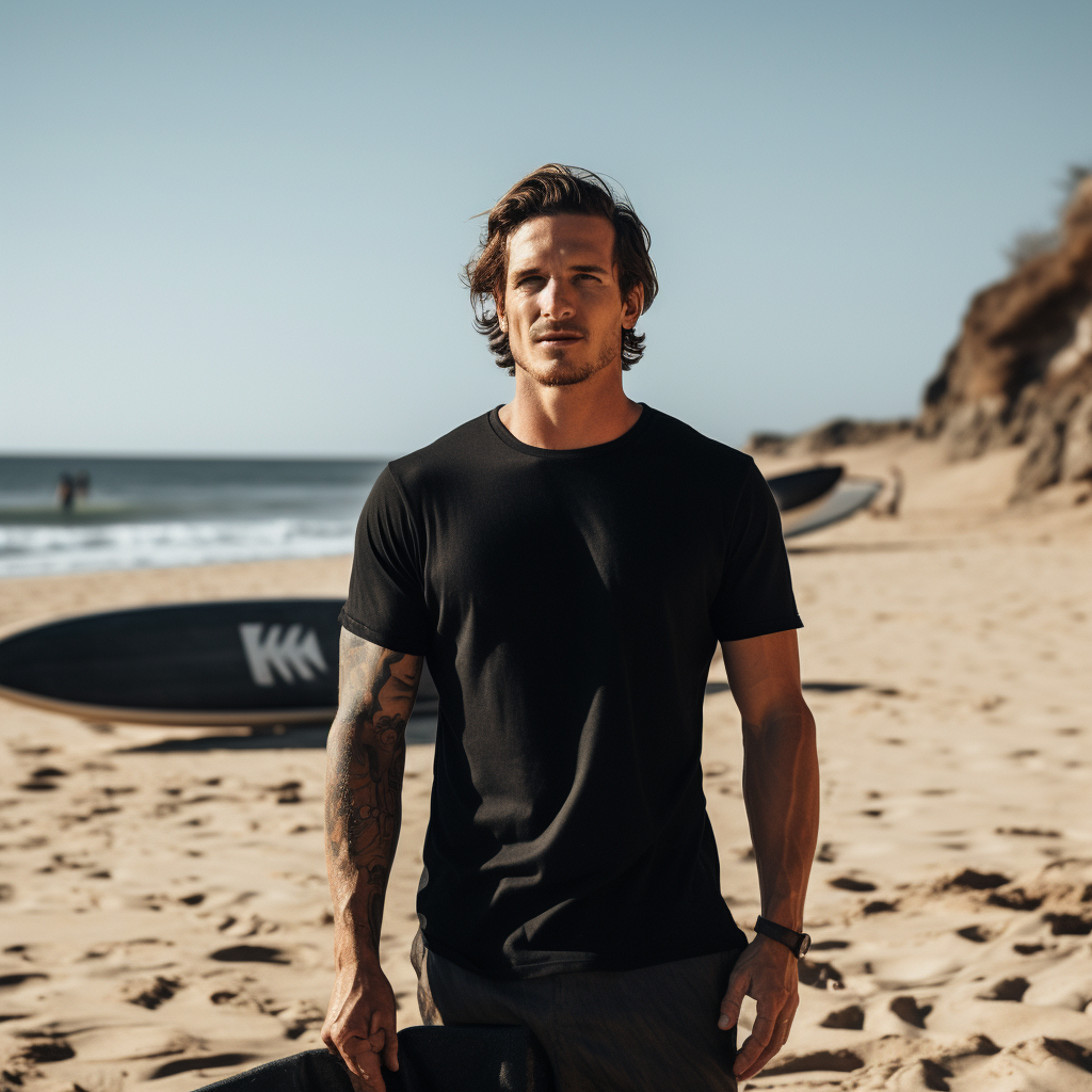 Linod surfer in black t-shirt riding waves on the beach