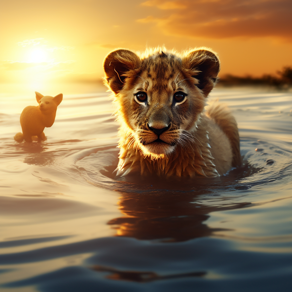 Adorable lion cub reflecting golden light