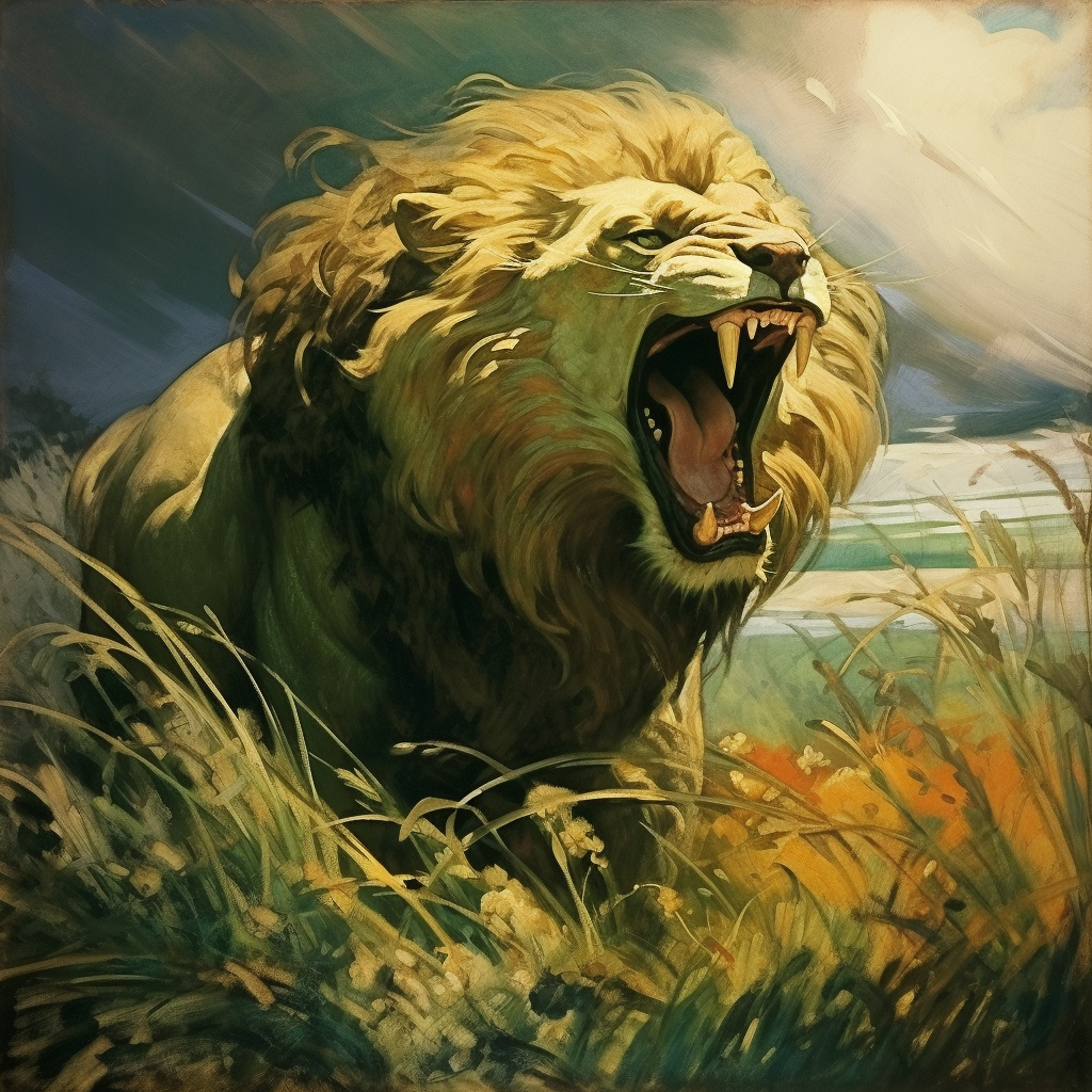 Lion Roaring in Green Field