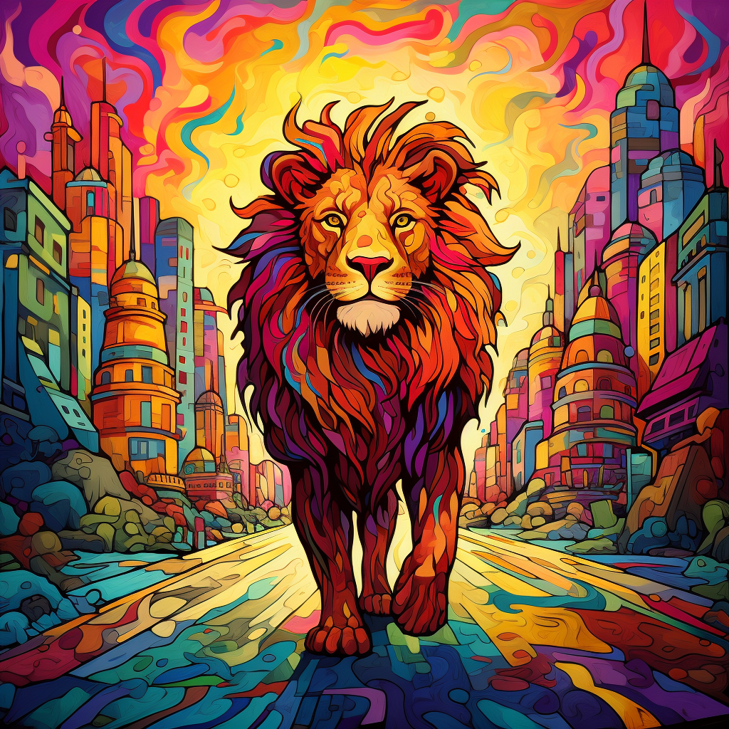 Cartoon lion walking through colorful city