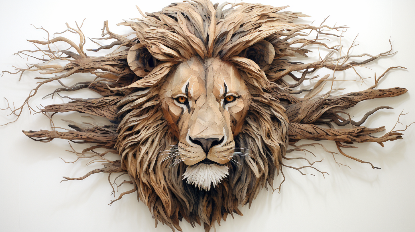 Abstract lion artwork made from wood branches