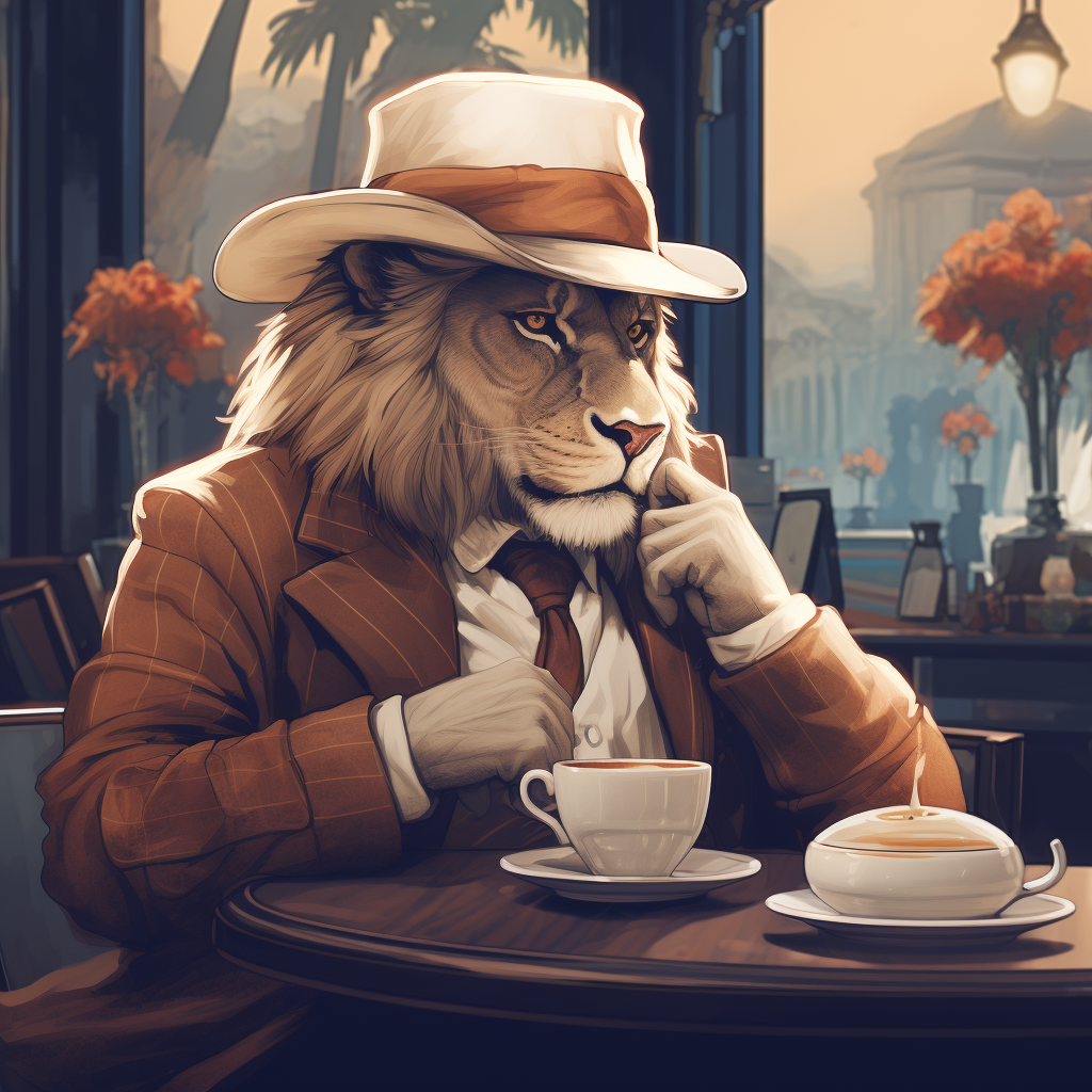 Lion with Hat Drinking Coffee