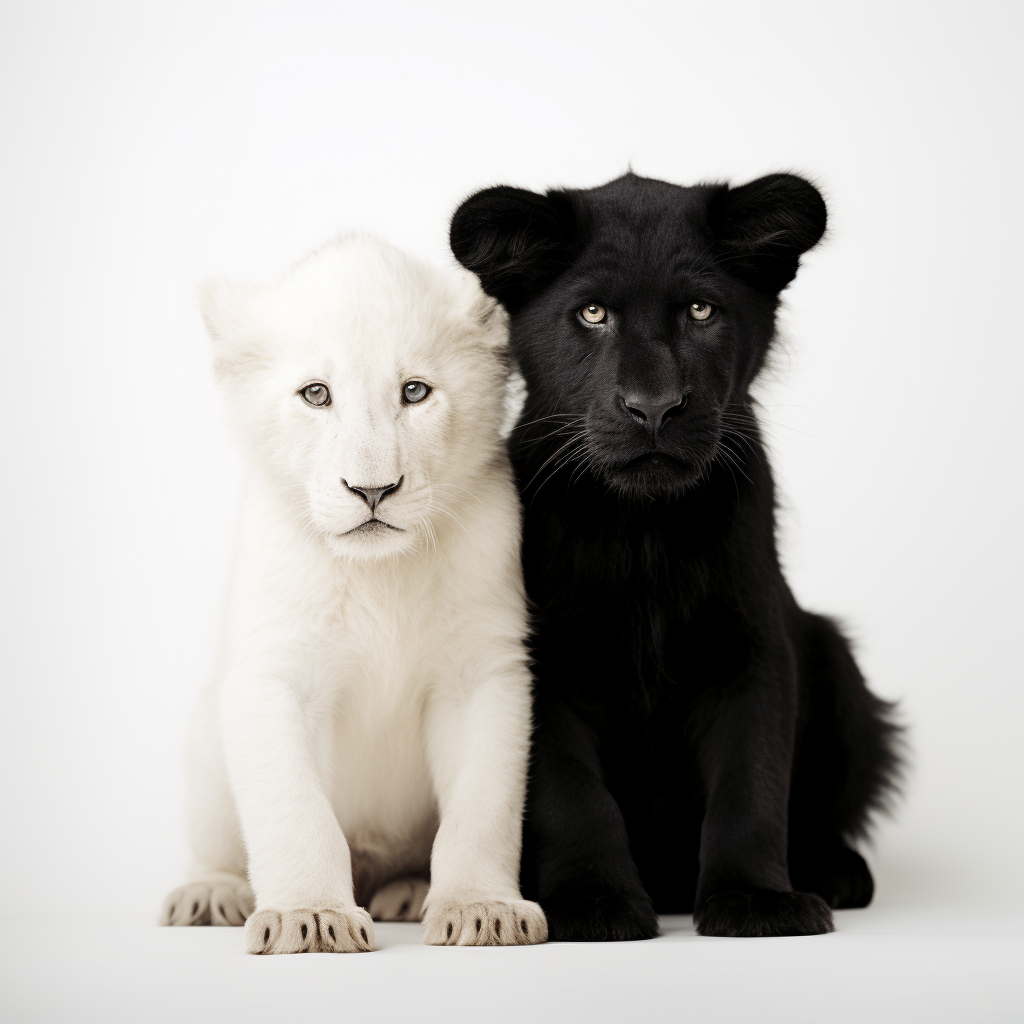 Gorgeous Lioness with High-Contrast Puppies in Minimalist Art