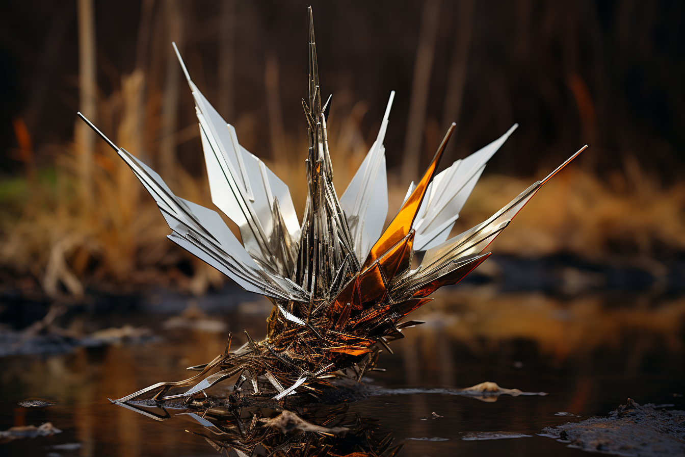 Beautiful liquid metal origami crane artwork