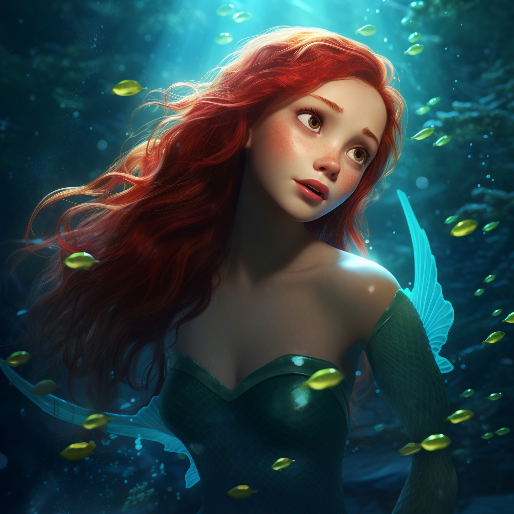 Disney's Little Mermaid as a Pixar character swimming underwater