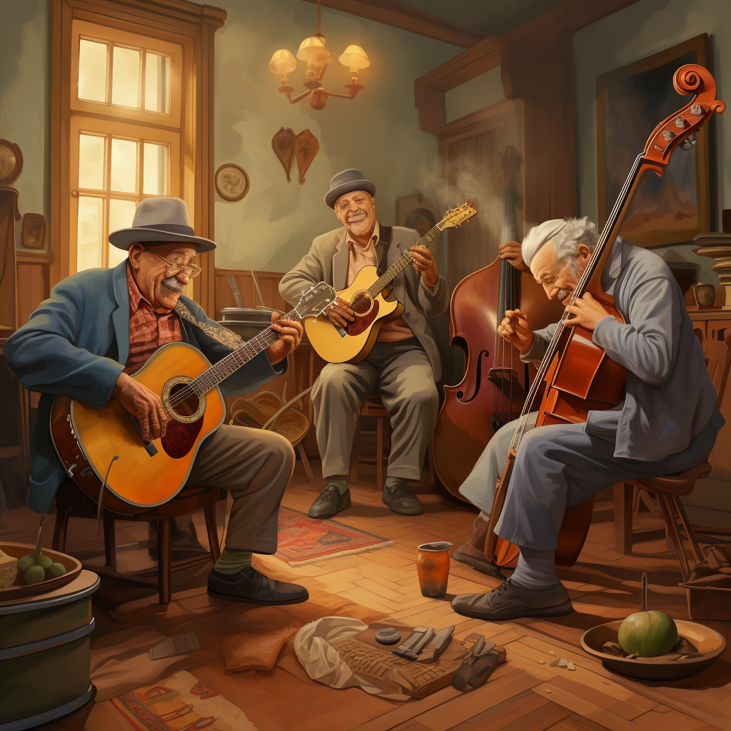 House band musicians jamming in lively illustration