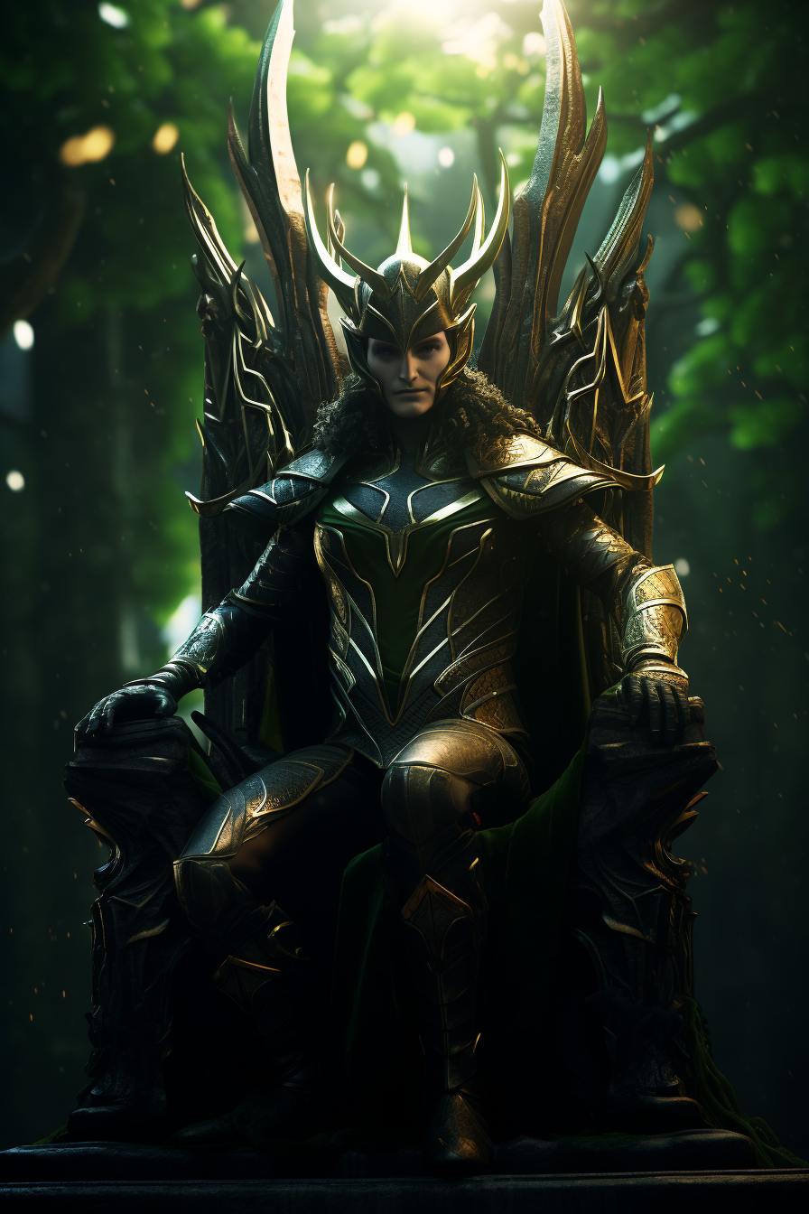 Loki in Cape and Crown on Throne