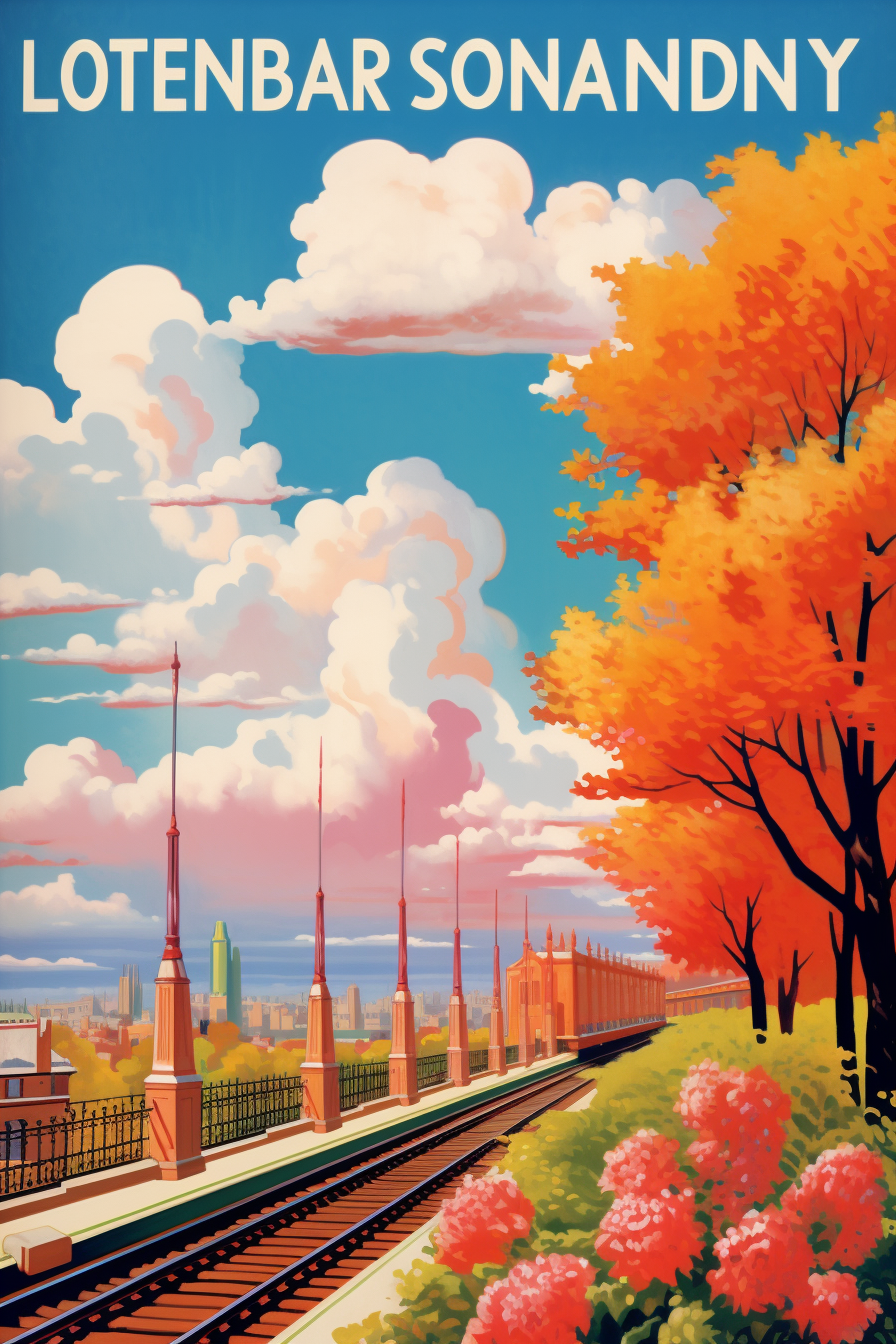 London railway poster blue sky clouds vibrant colors