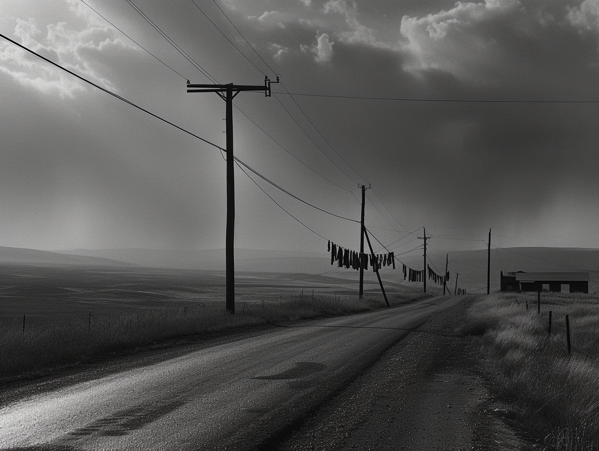 Road with hanging jeans on power lines