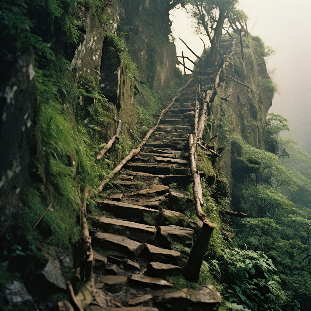 A breathtaking long stairway leading up the mountain