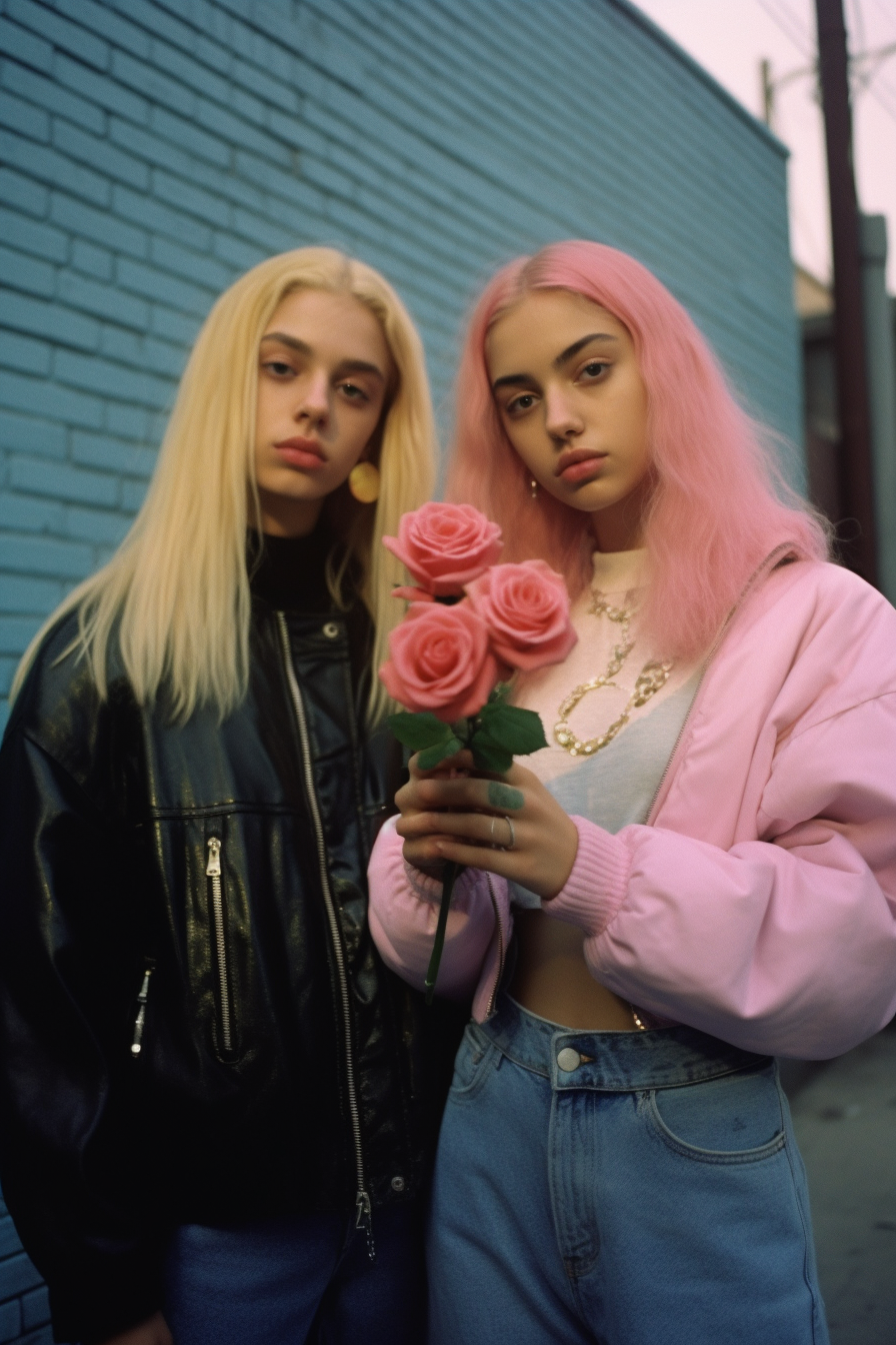 Two friends holding roses in Los Angeles